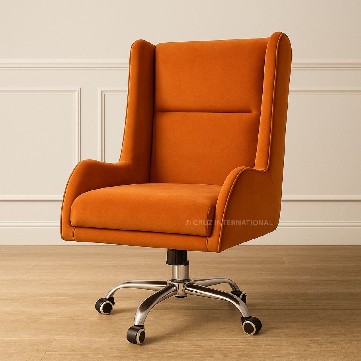 Orange office chair with a metallic base on a wooden floor.